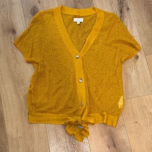 Lucky Short Sleeve Knit Cardigan Sweater Button Front in Mustard - Size Small